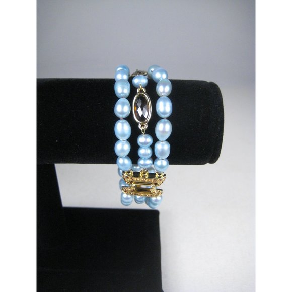 Faux Pearl Multi Strand Beaded Bracelet Goldtone Faceted Rhinestones Jewelry 7 i - Picture 6 of 9